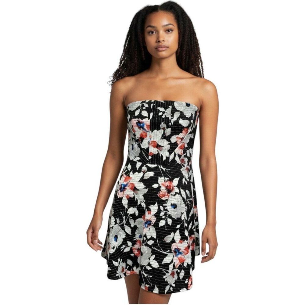 Express Black Floral Strapless Fit and Flare Mini Dress Size 8